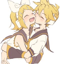 Rule 34 | 1boy, 1girl, arm warmers, bare shoulders, black collar, black sleeves, blonde hair, blush, bow, brother and sister, collar, commentary, cropped torso, fang, furrowed brow, hair bow, hair ornament, hairclip, happy, headphones, highres, hug, kagamine len, kagamine rin, kiss, kissing cheek, leaning forward, m0ti, neckerchief, necktie, open mouth, sailor collar, school uniform, shirt, short ponytail, short sleeves, siblings, sleeveless, sleeveless shirt, smile, spiked hair, swept bangs, twins, twitter username, upper body, vocaloid, white background, white bow, white shirt, yellow neckerchief