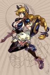 Rule 34 | 1girl, ahoge, alex ahad, ankle boots, armor, black thighhighs, blonde hair, blue eyes, blue ribbon, boots, braid, breasts, brooch, center opening, character name, cleavage, colorized, commentary, english commentary, full body, hair ribbon, head wreath, highres, jewelry, large breasts, leg up, lips, long hair, low-tied long hair, mature female, pauldrons, revision, ribbon, see-through, shield, shoulder armor, single braid, skirt, solo, sophitia alexandra, soul calibur, soulcalibur, soulcalibur vi, sword, thighhighs, weapon, white skirt