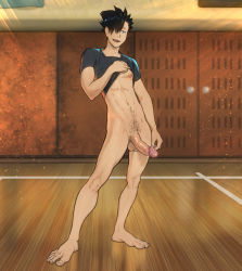 Rule 34 | 10s, 1boy, abs, anma (ryuichi87), barefoot, black hair, clothes lift, feet, full body, haikyuu!!, indoors, kuroo tetsurou, large penis, looking at viewer, male focus, muscular, nipples, penis, precum, pubic hair, scared, shirt lift, smile, solo, testicles, uncensored, undressing