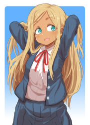 Rule 34 | 10s, 1girl, :d, aqua eyes, arms behind head, arms up, blazer, blonde hair, blue background, blue jacket, blue skirt, blush, border, buttons, collared shirt, cowboy shot, dark-skinned female, dark skin, eyelashes, gazacy (dai), gradient background, hair over shoulder, highres, idolmaster, idolmaster cinderella girls, jacket, layla (idolmaster), long hair, long skirt, long sleeves, looking to the side, neck ribbon, open clothes, open jacket, open mouth, outside border, parted bangs, pleated skirt, raised eyebrows, red ribbon, ribbon, rounded corners, sanpaku, school uniform, shiny skin, shirt, shirt tucked in, skirt, smile, solo, tan, unbuttoned, white border, white shirt, wing collar