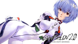 Rule 34 | 1girl, arm behind back, ayanami rei, blue hair, bodysuit, breasts, copyright name, dutch angle, evangelion: 2.0 you can (not) advance, hair between eyes, hand on own leg, highres, looking at viewer, medium breasts, neon genesis evangelion, official art, parted lips, plugsuit, rebuild of evangelion, red eyes, sadamoto yoshiyuki, short hair, skin tight, solo, white background, white bodysuit