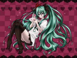 Rule 34 | 1girl, :q, aqua eyes, cake, checkered background, emu (trigger), female focus, food, fruit, full body, green hair, hatsune miku, heart, long hair, nail polish, sitting, smile, solo, strawberry, thighhighs, tongue, tongue out, twintails, very long hair, vocaloid, world is mine (vocaloid)