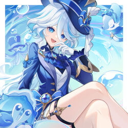 Rule 34 | 1girl, blue hair, blue hat, crossed legs, furina (genshin impact), genshin impact, gloves, hat, highres, light blue hair, long sleeves, looking at viewer, open mouth, sing shuixing, smile, solo, thighs