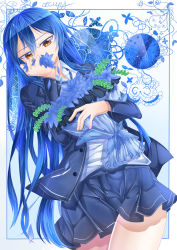 Rule 34 | 1girl, arm up, artist request, bad id, bad pixiv id, blazer, blue background, blue border, blue flower, blue hair, blue necktie, blue ribbon, blue shirt, blue skirt, blue theme, border, bouquet, buttons, collared shirt, commentary request, covering own mouth, cowboy shot, crossed legs, dutch angle, flower, hand to own mouth, highres, holding, holding bouquet, holding flower, jacket, light particles, long hair, long sleeves, looking at viewer, loose necktie, miniskirt, necktie, open clothes, open jacket, orange eyes, original, outside border, parted bangs, petals, pleated skirt, pocket, ribbon, school uniform, shirt, simple background, skirt, solo, standing, unbuttoned, very long hair, white background, wing collar
