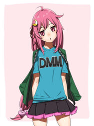 Rule 34 | breasts, crescent moon, english text, jacket, kantai collection, long hair, miniskirt, moon, pink eyes, pink hair, shirt, simple background, skirt, small breasts, standing, t-shirt, thighs, twitter, uzuki (kancolle), yoohei (pizzadev)