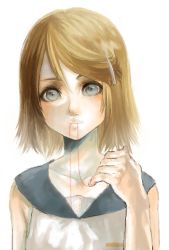 Rule 34 | 1girl, bad id, bad pixiv id, brown hair, eyelashes, female focus, hair between eyes, kagamine rin, mouth hold, nishizawa, simple background, solo, string, swept bangs, vocaloid, white background