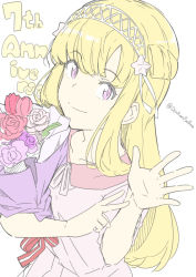 Rule 34 | 1girl, alternate costume, anniversary, blonde hair, bouquet, double bun, fletcher (kancolle), flower, hair bun, hair ornament, hairband, holding, holding bouquet, kantai collection, long hair, ninimo nimo, one-hour drawing challenge, pink eyes, pink shirt, shirt, smile, solo, star (symbol), star hair ornament, twitter username