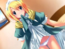 Rule 34 | 1girl, blush, clothes in mouth, clothes lift, dress, dress in mouth, dress lift, game cg, kokonoka, maid, mouth hold, ouka (game), panties, skirt, skirt lift, solo, sorune, underwear, upskirt, white panties