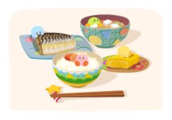 Rule 34 | blush, border, bowl, chopstick rest, chopsticks, closed mouth, commentary request, eating, fish, fish (food), floating, floral print, food, full body, innertube, kirby, kirby&#039;s dream land, kirby (series), miso soup, nintendo, no humans, okku oxn, omelet, rice, simple background, sitting, sleeping, smile, spring onion, star (symbol), swim ring, tamagoyaki, tofu, wand, white border