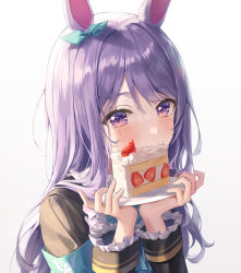 Rule 34 | 1girl, absurdres, aibek, animal ears, aqua ribbon, bad id, bad twitter id, blush, bow, cake, commentary request, ear ribbon, food, gradient background, grey background, highres, horse ears, horse girl, lkr, looking at viewer, mejiro mcqueen (umamusume), purple eyes, purple hair, ribbon, solo, umamusume, unfinished, upper body, white background