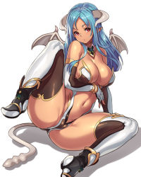 Rule 34 | 1girl, bare shoulders, blue hair, blush, boots, breasts, cameltoe, cleavage, dark-skinned female, dark skin, demon girl, demon horns, demon tail, demon wings, detached collar, elbow gloves, female focus, fingerless gloves, gloves, horns, houtengeki, large breasts, long hair, looking at viewer, navel, original, pointy ears, red eyes, simple background, solo, spread legs, tail, thighhighs, wings
