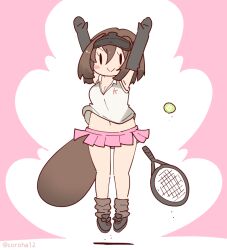 Rule 34 | 1girl, arms up, ball, brown hair, coroha, elbow gloves, full body, gloves, jumping, kemono friends, looking at viewer, navel, pink background, platypus (kemono friends), platypus girl, racket, shirt, shoes, short hair, simple background, skirt, sleeveless, sleeveless shirt, socks, solo, sportswear, tail, tennis ball, tennis racket, tennis uniform, visor cap