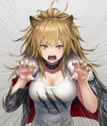 Rule 34 | 1girl, anbe yoshirou, animal ears, arknights, black jacket, black nails, blonde hair, breasts, claw pose, cleavage, collar, collarbone, commentary, emphasis lines, fangs, fur collar, hair between eyes, hands up, highres, jacket, large breasts, lion ears, long hair, looking at viewer, messy hair, nail polish, open clothes, open jacket, open mouth, ponytail, shirt, siege (arknights), sleeveless, sleeveless shirt, solo, upper body, white shirt, yellow eyes