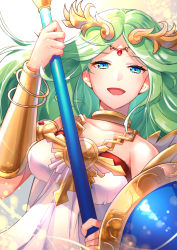 Rule 34 | 1girl, :d, ancient greek clothes, bare shoulders, blue eyes, bracelet, bracer, breasts, chiton, circlet, collarbone, dress, green hair, hand up, highres, holding, holding staff, jewelry, kid icarus, long hair, looking at viewer, medium breasts, neck ring, necklace, nintendo, open mouth, palutena, parted bangs, shield, smile, solo, staff, strapless, strapless dress, upper body, white dress, yuduki (tt-yuduki)