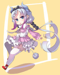 Rule 34 | 10s, 1girl, absurdres, beads, black bow, black hairband, blue eyes, blunt bangs, blush, bow, braid, capelet, commentary request, dragon girl, dragon horns, dragon tail, dress, full body, hair beads, hair bow, hair ornament, hairband, highres, horns, kanna kamui, kobayashi-san chi no maidragon, long hair, long sleeves, looking at viewer, monster girl, open mouth, red footwear, shoes, silver hair, solo, splish, tail, thighhighs, twintails, white thighhighs, zettai ryouiki