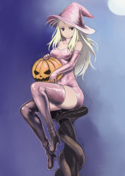 Rule 34 | 1girl, bare shoulders, blonde hair, blue background, boots, breasts, covered navel, deneb rove, elbow gloves, gloves, halloween, hat, high heel boots, high heels, highres, jack-o&#039;-lantern, johan (johan13), looking at viewer, medium breasts, ogre battle, pumpkin, purple hat, purple thighhighs, sitting, smile, solo, thigh boots, thighhighs, witch hat