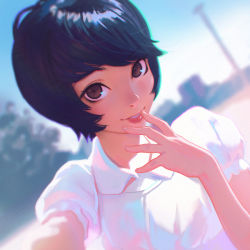 Rule 34 | 1girl, black hair, blue sky, brown eyes, collared shirt, day, dutch angle, hand to own mouth, ilya kuvshinov, lips, looking at viewer, original, outdoors, parted lips, reaching, reaching towards viewer, selfie, shirt, short hair, short sleeves, sky, smile, solo, swept bangs, upper body, white shirt
