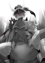Rule 34 | 1boy, armor, blush, breastplate, commentary request, dragon boy, emon-yu, feet out of frame, greyscale, hair between eyes, horns, leg armor, looking at viewer, male focus, monochrome, mouth hold, open mouth, pauldrons, plume, pointy ears, ragnarok online, red eyes, rune knight (ragnarok online), short hair, shoulder armor, solo, spiked pauldrons, spot color, tabard lift, visor (armor)