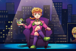 Rule 34 | 1boy, backdrop, bad id, bad pixiv id, blonde hair, braid, chair, crossed legs, cup, drink, drinking straw, food, fruit, full body, g3 (333413), giorno giovanna, glass, gold experience, holding, holding cup, jojo no kimyou na bouken, lime (fruit), male focus, shoes, shorts, sitting, socks, solo, stage, stage lights, vento aureo, yellow eyes