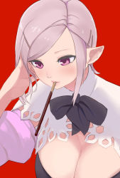 Rule 34 | 10s, 1girl, adjusting hair, warrior of light (ff14), bad id, bad pixiv id, breasts, cleavage, detached sleeves, elezen, elf, female focus, final fantasy, final fantasy xiv, food, from above, large breasts, light purple hair, mouth hold, pink eyes, pocky, pointy ears, potion lilac(popopotionu), purple eyes, red background, short hair, simple background, solo