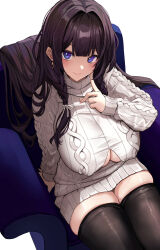 Rule 34 | 1girl, black thighhighs, blue eyes, blush, braid, breasts, brown hair, cleavage cutout, clothing cutout, dress, hair intakes, highres, large breasts, long hair, long sleeves, looking at viewer, original, side braid, sitting, smile, solo, sweater, sweater dress, thighhighs, thighs, turtleneck, turtleneck sweater, untue, white sweater