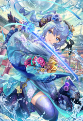 Rule 34 | 1girl, alternate costume, architecture, arms up, beret, black gloves, blue eyes, blue flower, blue hair, blue kimono, blue nails, blue ribbon, commentary request, crown, dutch angle, east asian architecture, floating hair, floral print, flower, frilled sleeves, frills, gloves, grey hat, hair between eyes, hair flower, hair ornament, hair ribbon, hat, highres, holding, holding sword, holding weapon, hololive, hoshimachi suisei, japanese clothes, katana, kimono, long hair, long sleeves, looking at viewer, mini crown, nail polish, obi, open mouth, outdoors, pagoda, partially fingerless gloves, pink flower, plaid headwear, print kimono, ribbon, sash, single glove, solo, standing, standing on one leg, star (symbol), star in eye, sword, symbol in eye, torino aqua, virtual youtuber, water, weapon, wide sleeves