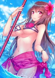 Rule 34 | 1girl, bikini, blush, brace, breasts, clothes lift, day, fate/grand order, fate (series), flower, grin, hair between eyes, hair flower, hair ornament, hakuishi aoi, holding, holding weapon, lance, large breasts, long hair, looking down, navel, polearm, purple bikini, purple eyes, purple hair, sarong, sarong lift, scathach (fate), scathach (fate/grand order), scathach (swimsuit assassin) (fate), see-through, sky, smile, solo, splashing, swimsuit, underboob, weapon