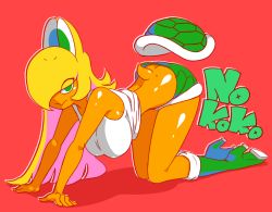 Rule 34 | 1girl, ass, blonde hair, boots, breasts, butt crack, downpants, green eyes, hanging breasts, hidden eyes, highres, holding, huge breasts, koopa, koopa troopa, large breasts, mario (series), mario tennis, minuspal, navel, nintendo, no bra, open mouth, personification, ponytail, racket, shorts, smile, solo, spread legs, super mario bros. 1, tank top