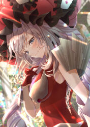 Rule 34 | 1girl, absurdres, back cutout, blue eyes, blurry, blurry background, breasts, clothing cutout, cross-laced clothes, cross-laced top, fate/grand order, fate (series), flower, frilled hat, frills, gloves, grey hair, hat, highres, long hair, marie antoinette (fate), medium breasts, red flower, red gloves, red hat, red rose, ringlets, rose, sleeveless, solo, totomiya, upper body