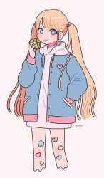Rule 34 | 1girl, apple, blonde hair, blue eyes, eating, emma (kumaema), food, fruit, hand in pocket, heart, heart-shaped pupils, highres, holding, holding food, holding fruit, long hair, long sleeves, long twintails, looking at viewer, original, signature, solo, star (symbol), symbol-shaped pupils, very long hair