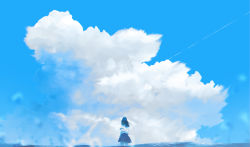 Rule 34 | 1girl, absurdres, blue sky, blue theme, cloud, from behind, highres, long hair, looking afar, original, partially submerged, pleated skirt, sailor collar, scenery, school uniform, serafuku, shion 08, shirt, skirt, sky, solo, standing, water, white shirt