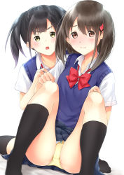 Rule 34 | 2girls, bashosho, black eyes, black hair, black skirt, black socks, blue sweater, blurry, blurry foreground, blush, bow, bow panties, bowtie, brown eyes, brown hair, closed mouth, commentary request, crotch seam, dress shirt, frown, hair ornament, hairclip, highres, kneehighs, kneeling, looking at viewer, miniskirt, multiple girls, no shoes, original, panties, pleated skirt, red neckwear, school uniform, shirt, short twintails, simple background, sitting, skindentation, skirt, socks, sweat, sweater, sweater vest, twintails, underwear, v-shaped eyebrows, wavy mouth, white background, white shirt, wing collar, yellow panties
