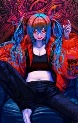 Rule 34 | 1girl, afternooners, bags under eyes, barefoot, black pants, blue hair, coat, colored skin, female focus, hair between eyes, hair intakes, highres, looking at viewer, midriff, nail polish, open mouth, original, pants, reclining, red coat, red eyes, red nails, solo, twintails, white skin