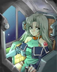 Rule 34 | 1girl, banpresto, bare shoulders, breasts, chair, cockpit, collar, crop top, dress, frown, green eyes, green hair, hair between eyes, halterneck, jacket, lamia loveless, large breasts, long hair, looking at viewer, matching hair/eyes, mecha, monitor, off shoulder, open clothes, open jacket, parted bangs, radar, robot, seatbelt, side slit, sidelocks, sitting, sky, solo, space, star (sky), starry sky, strap, super robot wars, tattoo, window