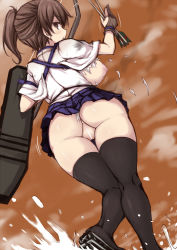 Rule 34 | 10s, 1girl, arrow (projectile), ass, black thighhighs, bow (weapon), breasts, brown eyes, brown hair, censored, from behind, jema, kaga (kancolle), kantai collection, large breasts, nipples, pussy, skirt, solo, thighhighs, torn clothes, underwear, weapon