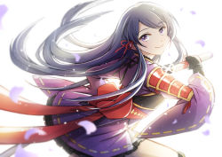Rule 34 | 1girl, armor, black gloves, black ribbon, blue hair, blunt ends, blurry, closed mouth, commentary, cowboy shot, depth of field, falling petals, fingerless gloves, floating hair, frilled kimono, frills, from side, glint, gloves, hair ribbon, hand up, highres, holding, holding sword, holding weapon, japanese armor, japanese clothes, katana, kimono, kote, light particles, long hair, long sleeves, looking at viewer, looking to the side, petals, purple eyes, purple kimono, red ribbon, ribbon, ribbon-trimmed sleeves, ribbon trim, scabbard, sheath, short kimono, shoujo kageki revue starlight, shoujo kageki revue starlight -re live-, sidelocks, simple background, smile, solo, standing, sword, tareko, tassel, tomoe tamao, unsheathing, weapon, white background, wide sleeves, yellow ribbon