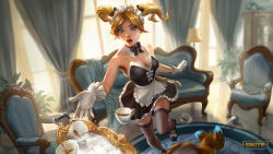Rule 34 | 1girl, absurdres, alternate costume, alternate hairstyle, amaterasu (smite), apron, armchair, ball, bare shoulders, black bow, black dress, black footwear, black thighhighs, blonde hair, blue eyes, book, bow, bowtie, breasts, chair, cleavage, copyright name, couch, cup, curtains, detached collar, dress, falling, frilled dress, frills, gaston aguilera, hair bow, highres, indoors, lips, maid, maid apron, maid headdress, medium breasts, open mouth, plant, ratatoskr (smite), sheath, sheathed, shoes, short dress, smite, solo focus, strapless, strapless dress, sword, teacup, thighhighs, tray, tripping, twintails, weapon, white apron, white bow, window, zettai ryouiki