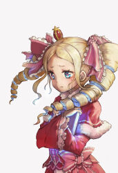 Rule 34 | 1girl, beatrice (re:zero), blonde hair, blue eyes, book, bow, butterfly-shaped pupils, capelet, crown, crying, dress, drill hair, frown, fur-trimmed capelet, fur trim, glowing, highres, ico6, long hair, mini crown, pink ribbon, re:zero kara hajimeru isekai seikatsu, red capelet, red dress, ribbon, simple background, streaming tears, symbol-shaped pupils, tears, twin drills, upper body, white background