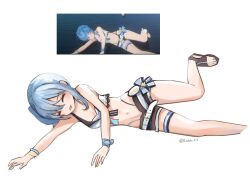 Rule 34 | 1girl, :d, ^ ^, bare arms, bare shoulders, belt, black shorts, blue hair, blue nails, closed eyes, commentary, derivative work, foot out of frame, hair between eyes, highres, hololive, hololive summer 2023 swimsuit, hoshimachi suisei, long hair, nail polish, navel, open mouth, reference inset, sandals, screenshot redraw, short shorts, shorts, side ponytail, simple background, smile, sobbi11, solo, stomach, thigh strap, toeless footwear, toenail polish, toenails, toes, twitter username, virtual youtuber, white background