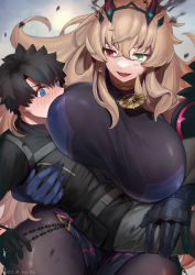 Rule 34 | 1boy, 1girl, armor, bare shoulders, belt, black dress, black gloves, black hair, black jacket, blonde hair, blue eyes, blush, breasts, brown pantyhose, carrying, chain, dress, earrings, elbow gloves, barghest (fate), barghest (second ascension) (fate), fate/grand order, fate (series), fujimaru ritsuka (male), fujimaru ritsuka (male) (polar chaldea uniform), gauntlets, gloves, green eyes, grey pants, heterochromia, highres, horns, jacket, jewelry, kaita (mokamilkcup), large breasts, long hair, necklace, open mouth, pants, pantyhose, pauldrons, pelvic curtain, polar chaldea uniform, pouch, princess carry, red eyes, short hair, shoulder armor, single gauntlet, single pauldron, smile, thighs, unaligned breasts