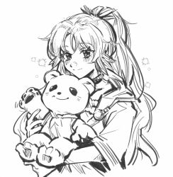 Rule 34 | 1girl, arknights, blush, closed mouth, greyscale, highres, holding, holding stuffed toy, jiakongshijie566, long hair, looking at viewer, mole, mole under eye, monochrome, motion lines, pinecone (arknights), simple background, sketch, smile, solo, split mouth, stuffed animal, stuffed toy, upper body, waving, white background