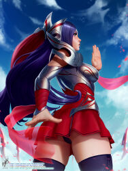 Rule 34 | 1girl, armor, ass, black thighhighs, blue eyes, blue sky, blush, boobplate, breastplate, breasts, closed mouth, cloud, commentary, day, english commentary, from behind, from below, hair ornament, highres, irelia, large breasts, league of legends, long hair, multicolored hair, photoshop (medium), purple hair, sky, solo, themaestronoob, thighhighs