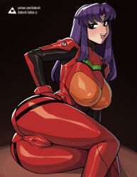 Rule 34 | alternate breast size, anus, anus peek, anus visible through clothes, ass, belt, bodysuit, bracer, breasts, brown belt, cameltoe, cleft of venus, cosplay, covered anus, donburi (donburikazoku), highres, huge ass, impossible bodysuit, impossible clothes, katsuragi misato, large breasts, long hair, neon genesis evangelion, parted lips, plugsuit, purple hair, red bodysuit, shiny skin, skin tight, smile, souryuu asuka langley (cosplay), thick thighs, thighs, wide hips