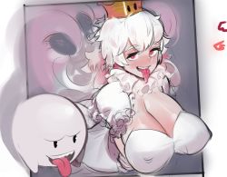 Rule 34 | 1girl, 1other, artist request, breasts, cleavage, cleavage cutout, clothing cutout, dress, facing viewer, huge breasts, large breasts, looking at viewer, luigi&#039;s mansion, mario (series), nintendo, princess king boo, red eyes, super crown, tongue, tongue out, white dress, white hair