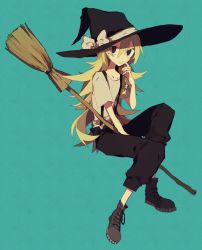 Rule 34 | 1girl, alternate costume, bad id, bad twitter id, black eyes, blonde hair, blue background, boots, bow, braid, broom, cross-laced footwear, full body, hair bow, hat, hat ribbon, higa423, highres, kirisame marisa, lace-up boots, long hair, looking at viewer, pants, ribbon, short sleeves, side braid, simple background, single braid, smile, solo, touhou, witch hat