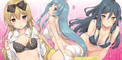Rule 34 | 10s, 3girls, :p, absurdres, animal ears, arifureta shokugyou de sekai saikyou, ass, bent over, bikini, black bikini, black hair, blonde hair, blue eyes, blue hair, blush, bow, bra, breast hold, breasts, rabbit ears, cleavage, dress shirt, finger to mouth, frilled bikini, frills, gloves, hair between eyes, hair bow, hair tubes, half updo, highres, large breasts, long hair, looking at viewer, multiple girls, navel, non-web source, novel illustration, official art, open clothes, open shirt, opened by self, panties, plaid, plaid bra, red eyes, scan, shea haulia, shirt, sidelocks, small breasts, smile, swimsuit, takayaki, tio clarce, tongue, tongue out, underwear, white bra, white gloves, white panties, yellow eyes, yue (arifureta)