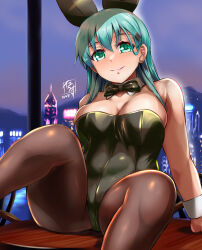 Rule 34 | 1girl, absurdres, animal ears, aqua hair, artist logo, bird, black bow, black bowtie, black leotard, black pantyhose, bow, bowtie, breasts, cityscape, cleavage, commentary request, detached collar, dusk, fake animal ears, green eyes, hair ornament, hairclip, highres, kantai collection, large breasts, leotard, long hair, pantyhose, playboy bunny, rabbit ears, sitting, smile, solo, strapless, strapless leotard, suzuya (kancolle), table, wrist cuffs, yellow quokka