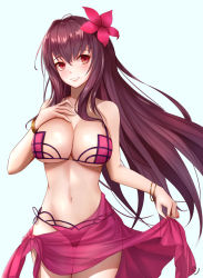 Rule 34 | 1girl, :d, alternate costume, bikini, bracelet, breasts, cleavage, collarbone, fate/grand order, fate (series), flower, hair flower, hair intakes, hair ornament, hand on own chest, hibiscus, highres, jewelry, kunai, large breasts, lifting own clothes, long hair, looking at viewer, navel, open mouth, pink bikini, purple bikini, purple hair, purple sarong, red eyes, sarong, scathach (fate), scathach (fate), scathach (swimsuit assassin) (fate), simple background, smile, solo, swimsuit, underboob, weapon, wei xiao, white background