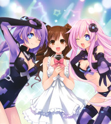 Rule 34 | 10s, 3girls, :d, ;), ;d, absurdres, armpits, ayane (singer), bare shoulders, black gloves, blue eyes, bodysuit, braid, breasts, brown eyes, brown hair, choujigen game neptune mk2, cleavage, cleavage cutout, clothing cutout, dress, elbow gloves, female focus, gloves, hair ornament, hairpin, hand on own chest, hand on own head, highres, leotard, long hair, medium breasts, microphone, midriff, multiple girls, navel, nepgear, neptune (neptunia), neptune (series), official art, one eye closed, open mouth, outstretched hand, pink hair, purple hair, purple heart (neptunia), purple sister, real life, siblings, sisters, smile, sparkle, star (symbol), symbol-shaped pupils, thighhighs, tsunako, two side up, white dress, wink