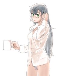 Rule 34 | 10s, 1girl, bad id, bad pixiv id, black hair, blush, coffee, cup, glasses, green eyes, kantai collection, long hair, looking at viewer, messy hair, morning, mug, no pants, ojipon, ooyodo (kancolle), open mouth, shirt, smile, solo